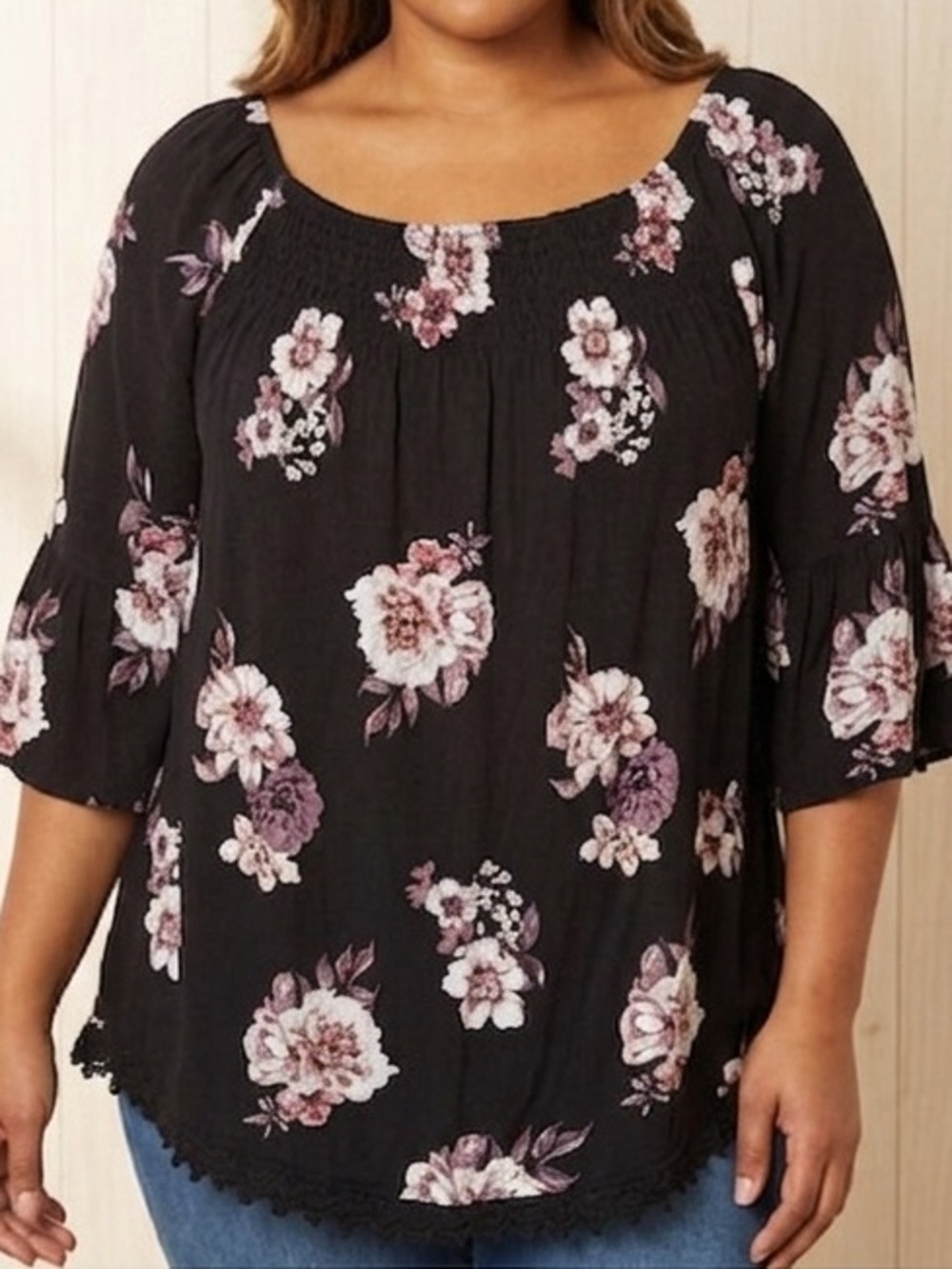 Cato Floral Black Women's Ruffle Sleeve Top Size L